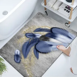 Alfombra de baño absorbente de tierra de diatomeas con diseño de plumas azules para el baño.