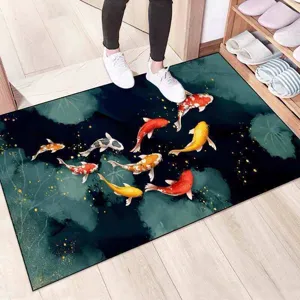 Alfombra de suelo absorbente de tierra de diatomeas con diseño de carpa koi 3D para baño.