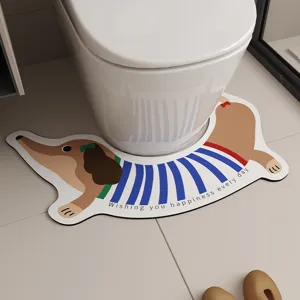 Detailed shot of a cartoon dachshund U-shaped toilet mat, absorbent and non-slip for bathroom.