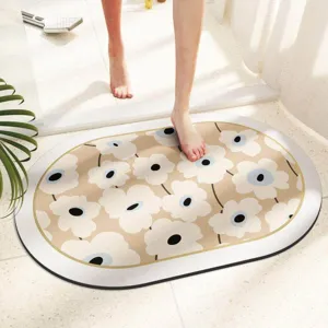Absorbent oval bathroom mat with vintage floral pattern, quick dry anti slip bath rug for floor.