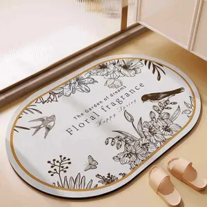 Close-up detail of vintage floral pattern absorbent floor mat in elegant home bathroom scene.