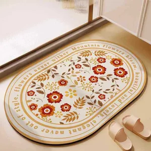 Vintage floral oval bathroom mat non-slip water absorbent diatomaceous earth floor rug for home