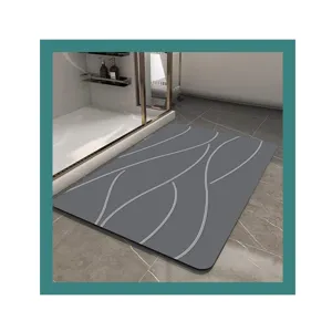Alfombrilla de baño suave de tierra de diatomeas gris con curvas abstractas, secado rápido.