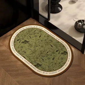 Oval botanical bathroom floor mat with quote, absorbent anti-slip mat for home decor.