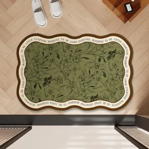 Floral pattern bathroom doormat with inspirational text border, soft absorbent home mat.