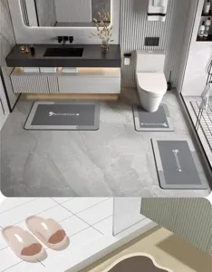 Gedetailleerd overzicht van de absorberende diatomeeën-aardbadmat set met antislip.