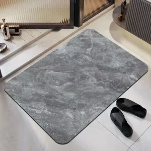 Grey marble pattern diatomaceous earth bath mat, quick-drying non-slip floor rug for bathroom.