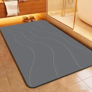Modern minimalist grey diatomaceous earth bath mat with wave texture, highly absorbent fast.