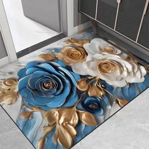 Luxueus 3D blauw-witte rozen bloemen vloermat scènedetail, elegante inrichting voor de hal.