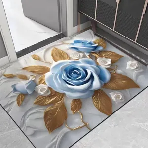 Gedetailleerd overzicht van 3D deurmat met blauwe roos en gouden blad, absorberend, antislip.