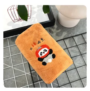 Soft coral fleece facial towel with cute cartoon panda embroidery, orange home face wash towel.