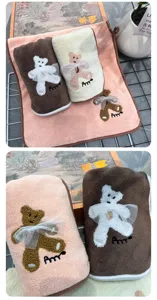 Cute bear lace embroidered coral fleece towel set, super soft absorbent bathroom hand towel.