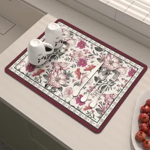 Vista dettagliata del tappetino cucina floreale vintage, tovaglietta assorbente moderna.