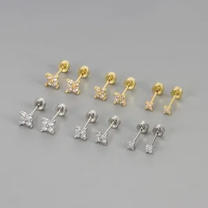 Moda Rame Strass Quadrifoglio Orecchini a Bottone Chiusura a Vite Piatta Gioielli Piercing Cartilagine per Donna Regalo Quotidiano