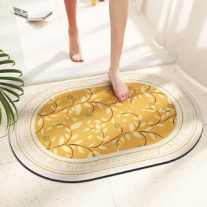 Detail view of retro floral absorbent bath mat with elegant autumn leaves pattern.