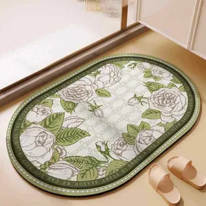 Vintage floral oval bath mat detail showing absorbent surface and elegant rose pattern design.