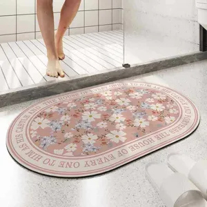 Retro floral bath mat, oval non-slip diatom mud floor mat, absorbent bathroom foot mat.