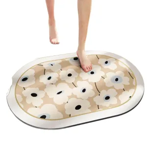 Oval retro floral bathroom bath mat, absorbent quick-dry non-slip floor mat for toilet.