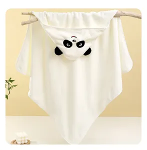Infant coral fleece hooded bath towel with cute panda embroidery, soft warm baby cloak cape.