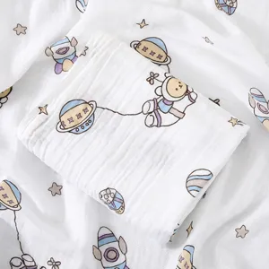 Cotton gauze baby swaddle blanket newborn bath towel cute astronaut cartoon print soft breathable