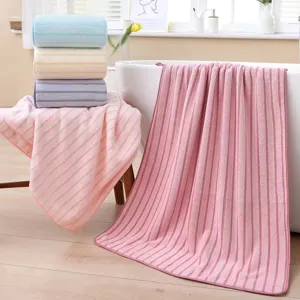 Soft coral fleece striped bath towel set, highly absorbent face towel for daily home use.