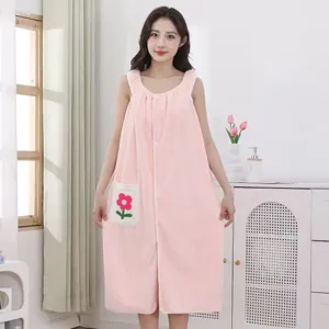 Dames Draagbare Badhanddoek Zacht Koraalvleece Absorberende Badjas Schattig Bloemzak Ontwerp Spa Douche Bad Jurk Slaapkleding