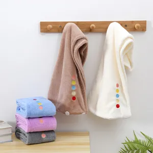 Thickened microfiber hair drying cap towel with button, quick absorbent coral fleece wrap for hair.