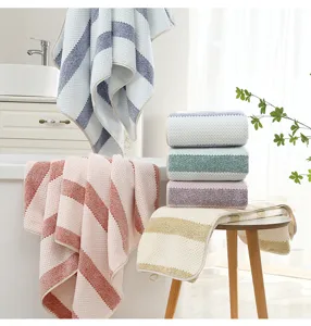 Weiches Korallenfleece gestreiftes Badetuch Detail zeigt saugfähige Plüschtextur fürs Badezimmer.