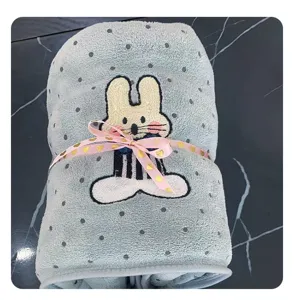 Cute cartoon rabbit embroidered coral fleece bath towel soft absorbent home face towel set.