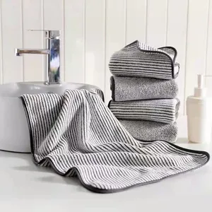 Thickened Coral Fleece Towels Grey and Stripe Face Towels Soft Absorbent Home Bathroom Daily Cleaning