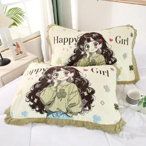 Schattig gewatteerd kussenhoes met cartoon meisje, kant volants, dik katoen voor studentenkamer.