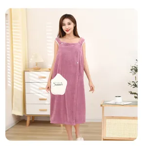 Women coral fleece wearable bath towel, soft absorbent bath robe with pocket, comfortable home wear.