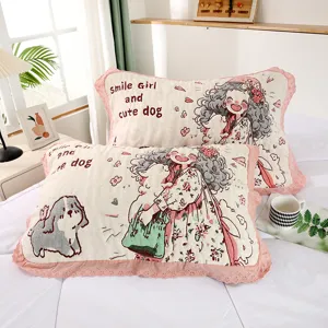 Verdikte wolk katoen kussensloop met cartoon meisje print en delicate kanten rand voor slaapzaal.