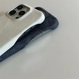 Detailed view of minimalist denim texture phone case for iPhone, stylish and durable cover.