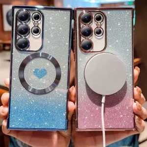 Gradient glitter magnetic phone case with camera protection and heart design for Samsung series.