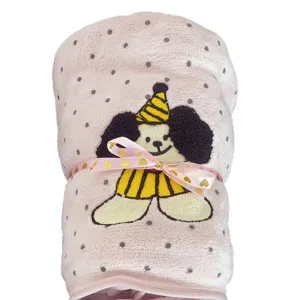 Pink polka dot coral fleece towel set with cute embroidered dog, soft and absorbent.