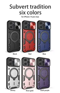 Magnetisch telefoonhoesje voor iPhone 14 Pro Max met cameraschuif en handige ringhouder.