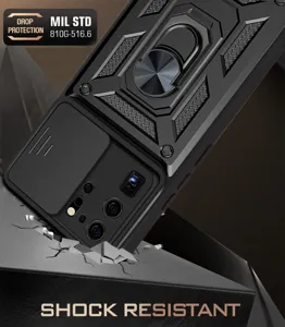 Vista detallada de funda de teléfono resistente con cubierta deslizante y soporte.