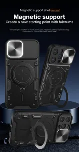 Robuuste magnetische telefoonhoes met schuifbare camerabescherming en ringstandaard, zwart.
