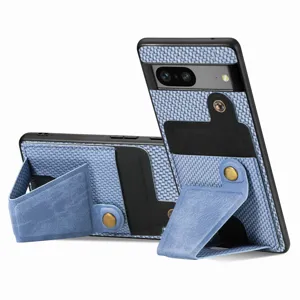 Détui de téléphone en cuir tressé bleu avec porte-cartes et fonction support intégrée.