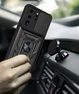 Funda protectora resistente con cubierta deslizante para cámara y soporte para anillo auto.