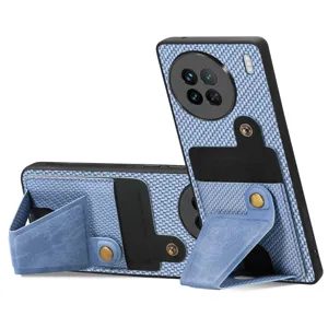 Blue woven texture phone case with card slot and foldable stand for multifunctional daily use.