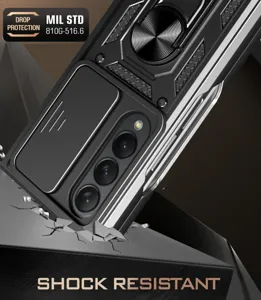Samsung Galaxy Z Fold 4 rugged case with camera slide cover and ring kickstand support.
