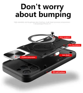 Explosietekening telefoonhoesje voor iPhone 14 met legering steun en PC achterkant.