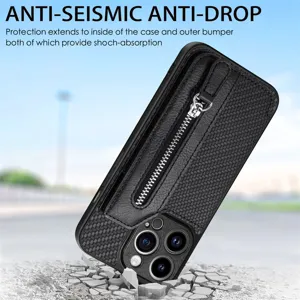Carbon fiber phone case with zipper card holder and drop-proof protection for iPhone.