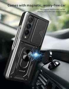 Samsung Z Fold 4 protective case detail showing slide camera cover and magnetic ring stand.