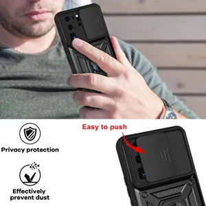 Funda protectora resistente para Samsung con cubierta deslizante y soporte de anillo.