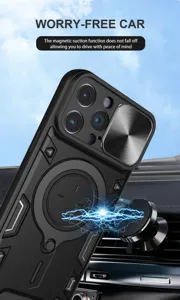 Robuuste magnetische telefoonhoes met schuifbare camerabescherming en standaard voor iPhone.