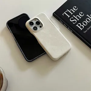 Detailed view of minimalist denim texture protective phone case designed for iPhone series.