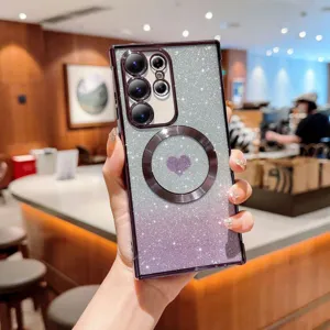 Gradient glitter magnetic phone case with heart design compatible for Samsung Galaxy series.